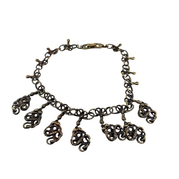 Vintage Brutalist Bronze Statement Necklace Textured Chain Dangle Pendant Choker - Picture 5 of 8